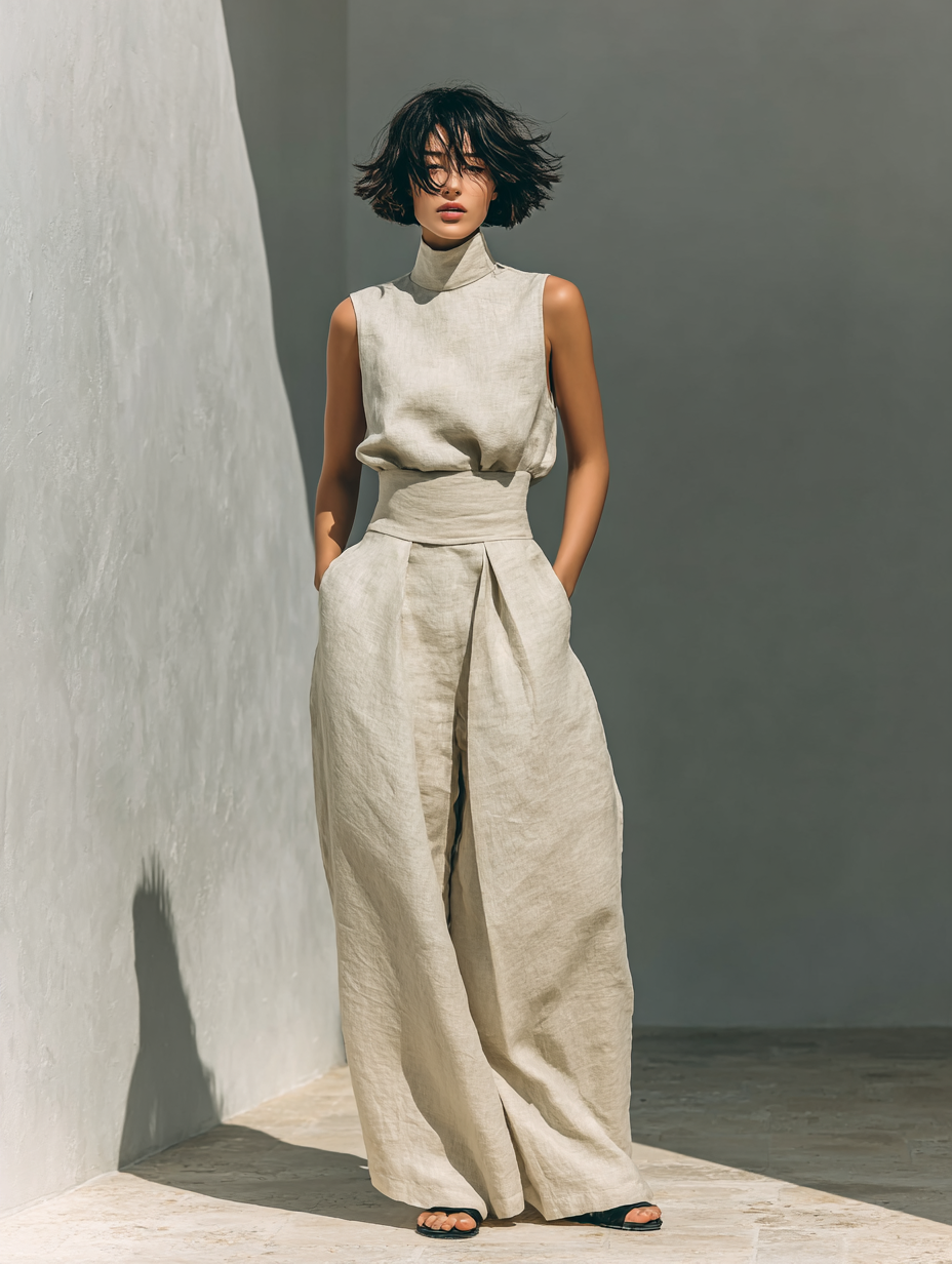 Madalena | Conjunto de Lino Premium con Cuello Alto y Pantalones Wide Leg