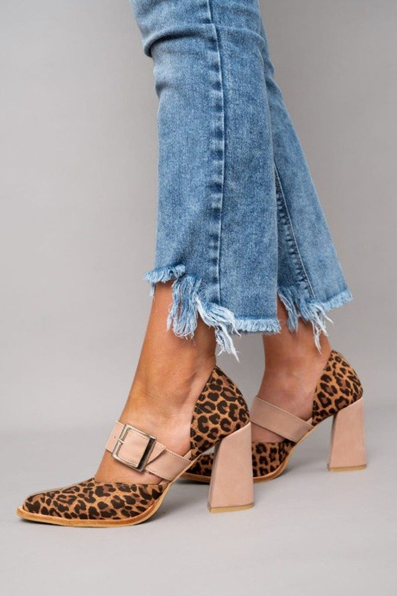 Selveta - Sandalias de ante con patrón de leopardo y tacón estable