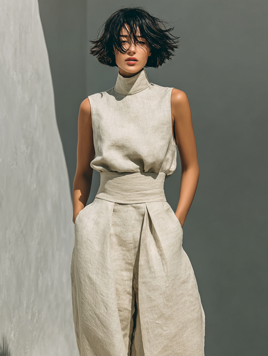 Madalena | Conjunto de Lino Premium con Cuello Alto y Pantalones Wide Leg