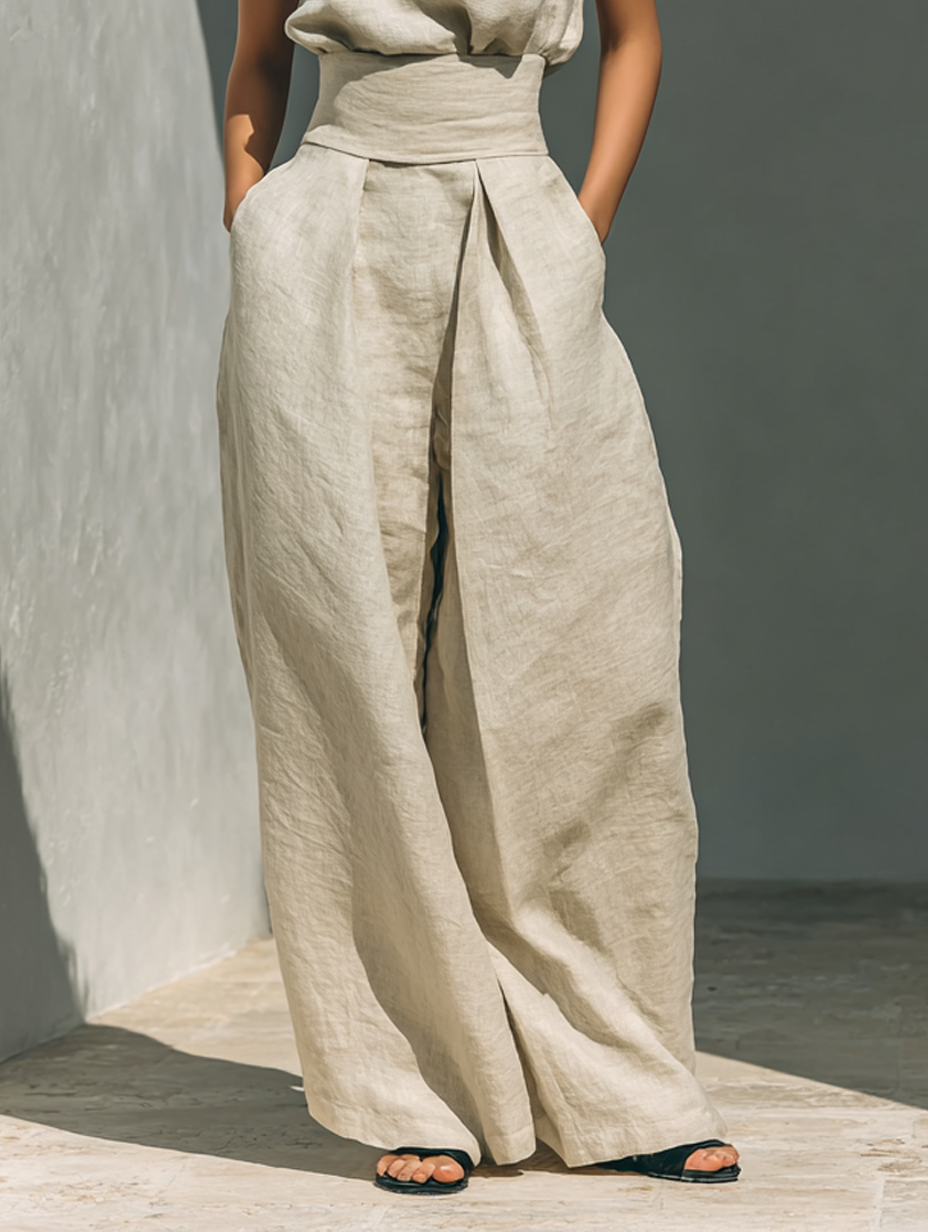 Madalena | Conjunto de Lino Premium con Cuello Alto y Pantalones Wide Leg