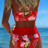 Bikini Floral con Abertura y Diseño Contrastante