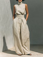 Madalena | Conjunto de Lino Premium con Cuello Alto y Pantalones Wide Leg