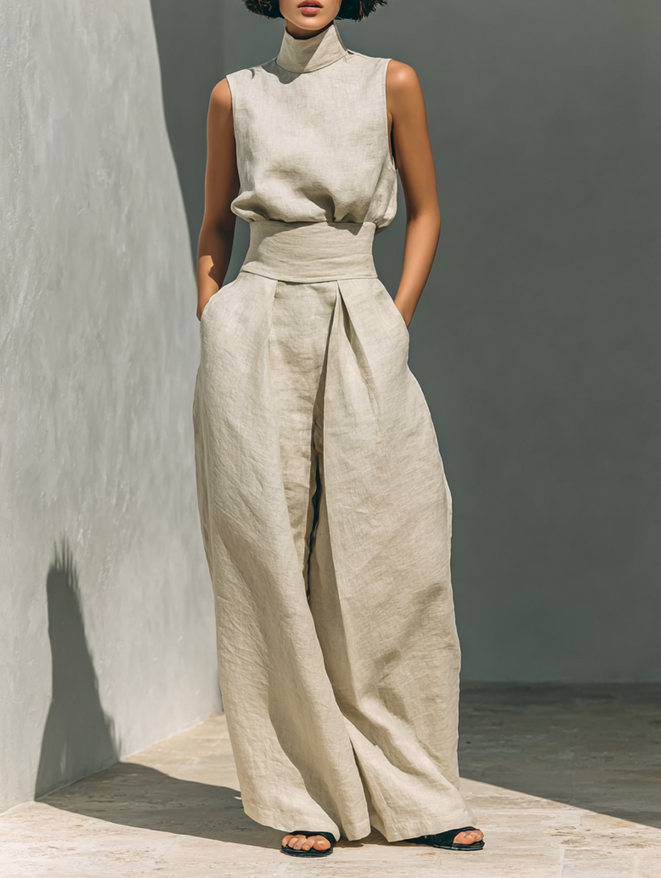 Madalena | Conjunto de Lino Premium con Cuello Alto y Pantalones Wide Leg