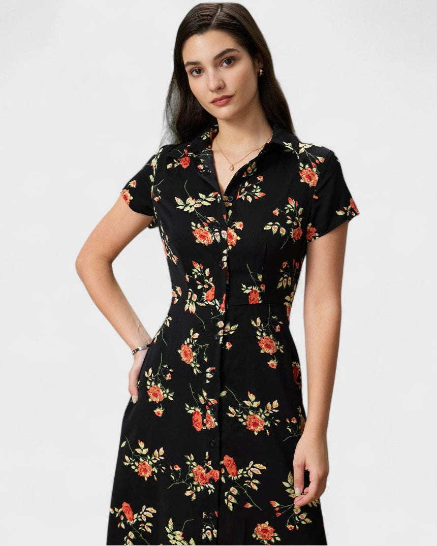 Glória - Vestido Midi Negro Floral