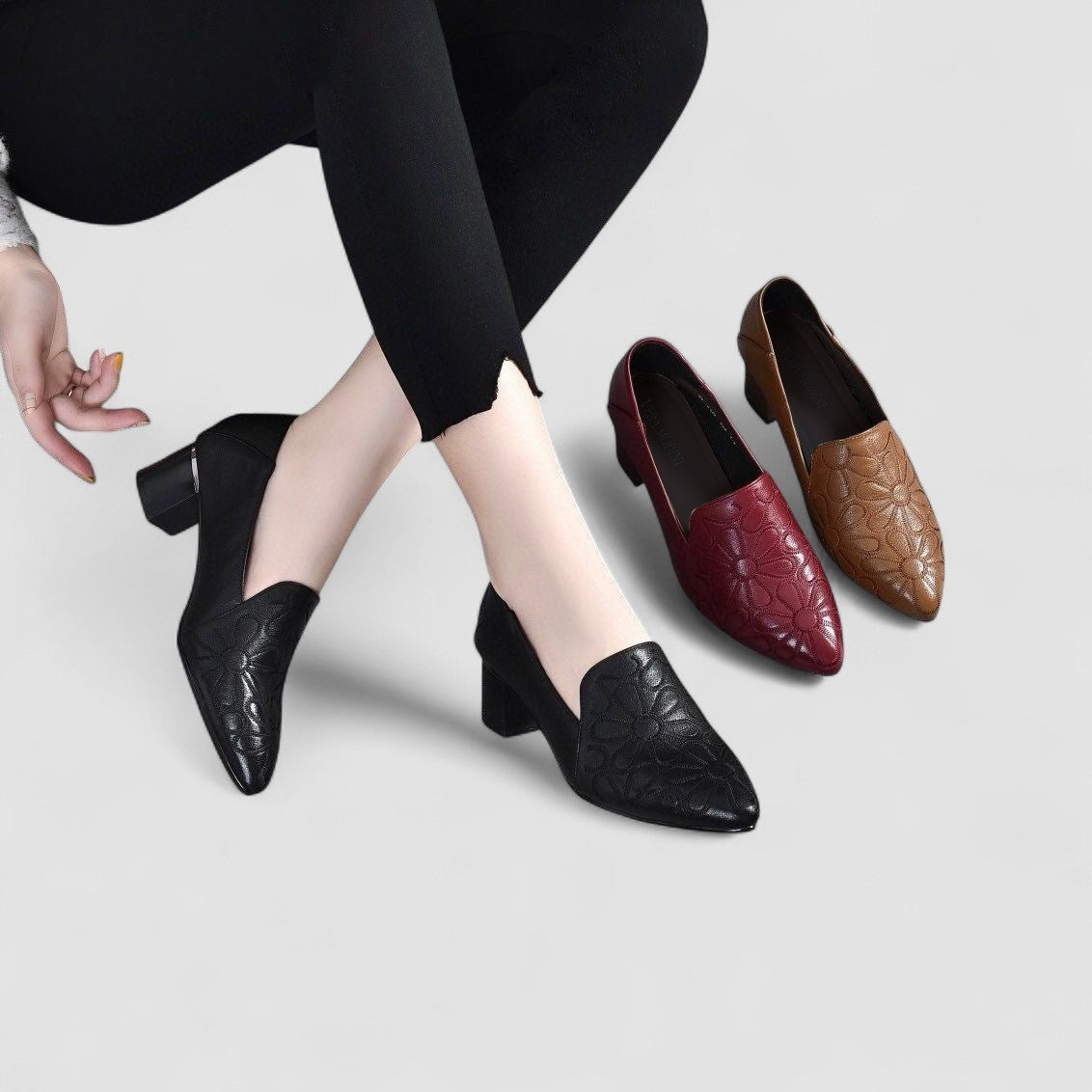 Olene - Zapatos de Tacón de Piel Vegana con Bordado Suave