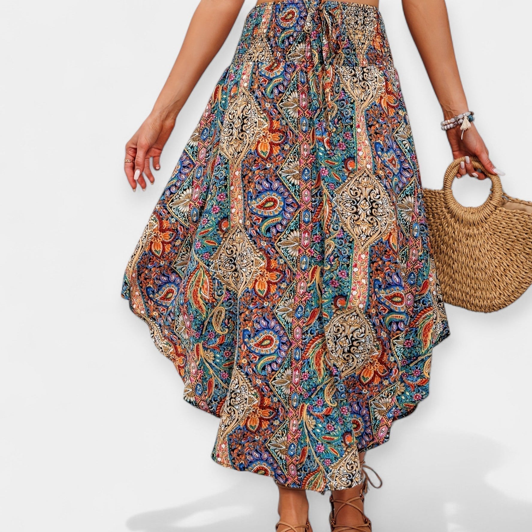 Saia Midi Floral de Cintura Alta