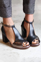 Nadaria - Sandalias negras con tacón alto y puntera abierta en patchwork