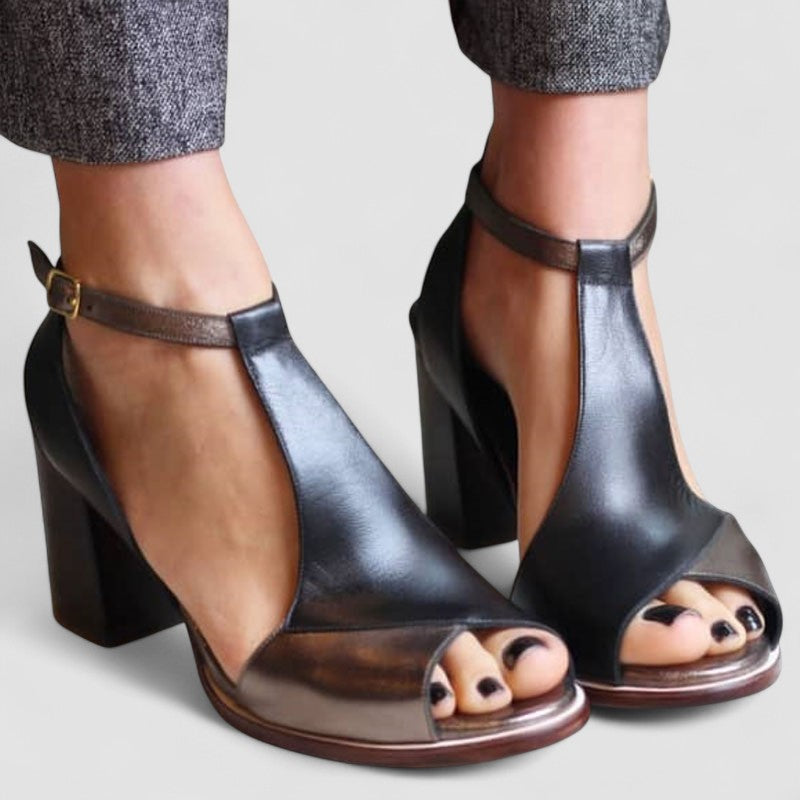 Nadaria - Sandalias negras con tacón alto y puntera abierta en patchwork