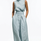 Madalena | Conjunto de Lino Premium con Cuello Alto y Pantalones Wide Leg