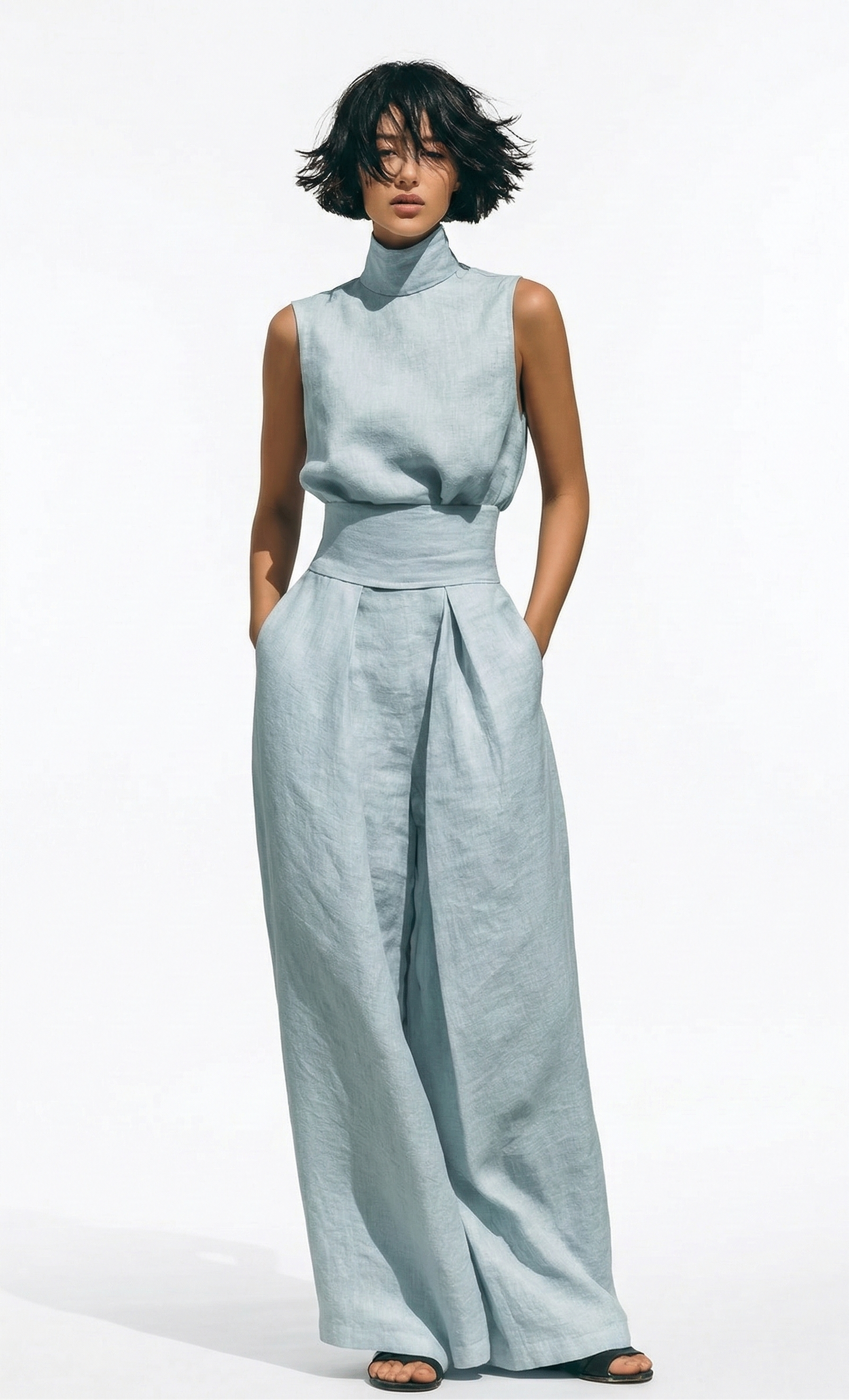 Madalena | Conjunto de Lino Premium con Cuello Alto y Pantalones Wide Leg