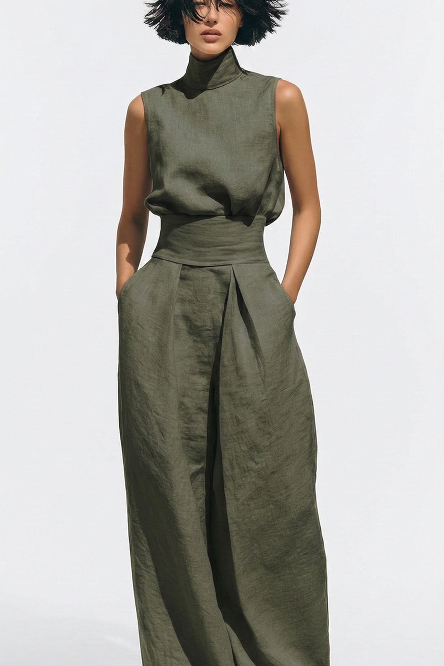 Madalena | Conjunto de Lino Premium con Cuello Alto y Pantalones Wide Leg