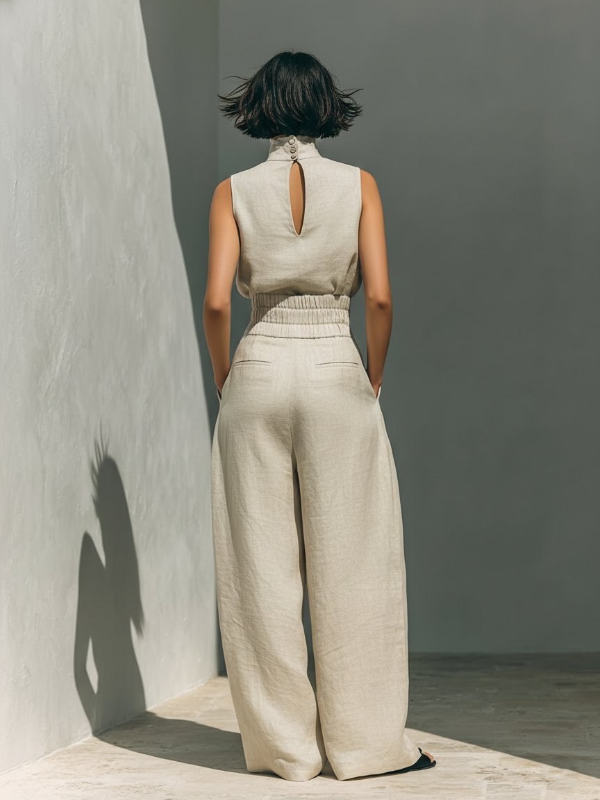 Madalena | Conjunto de Lino Premium con Cuello Alto y Pantalones Wide Leg
