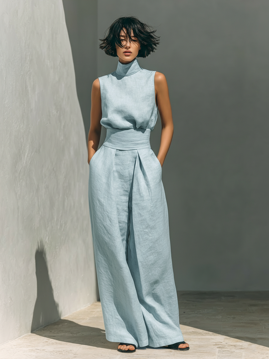 Madalena | Conjunto de Lino Premium con Cuello Alto y Pantalones Wide Leg