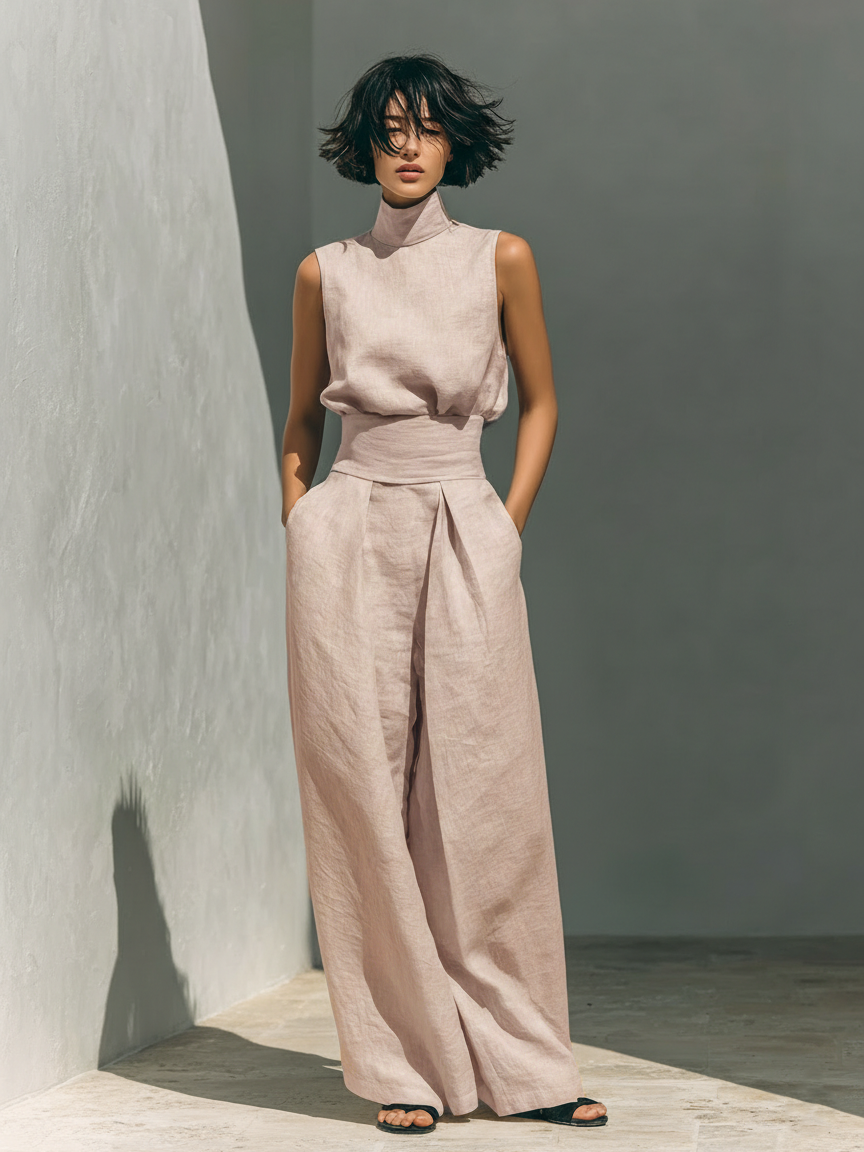 Madalena | Conjunto de Lino Premium con Cuello Alto y Pantalones Wide Leg