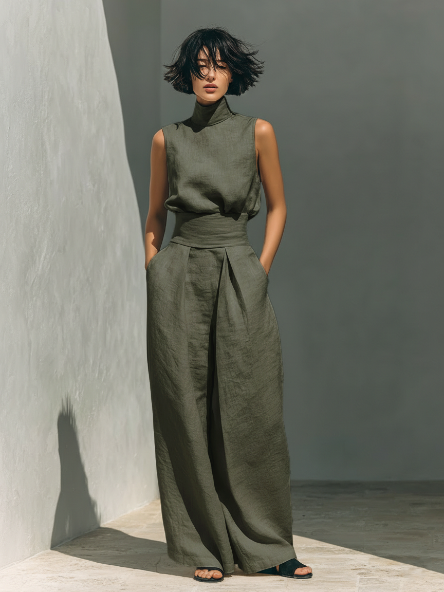 Madalena | Conjunto de Lino Premium con Cuello Alto y Pantalones Wide Leg