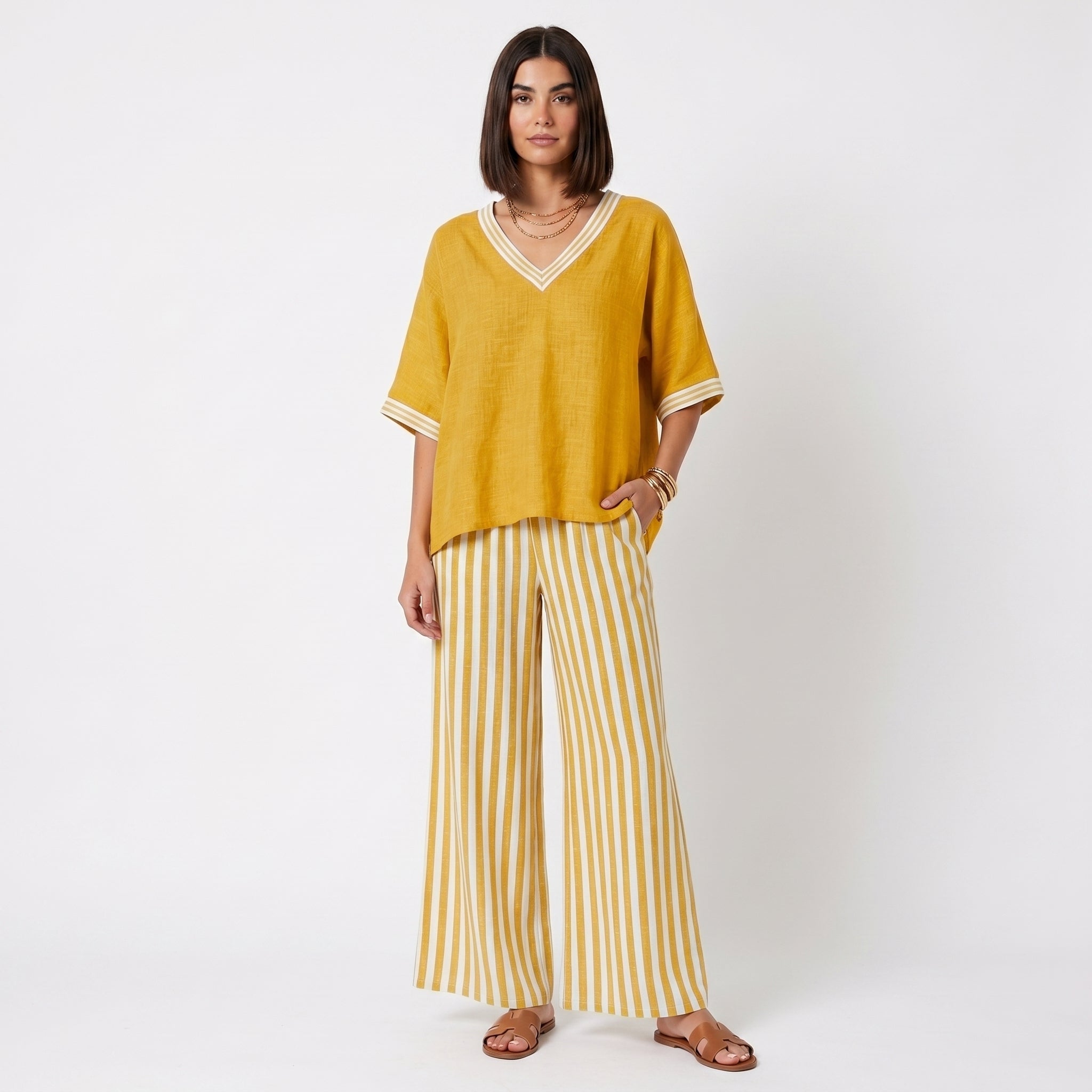 Clara - Conjunto de Lino Túnica y Pantalones Rayas