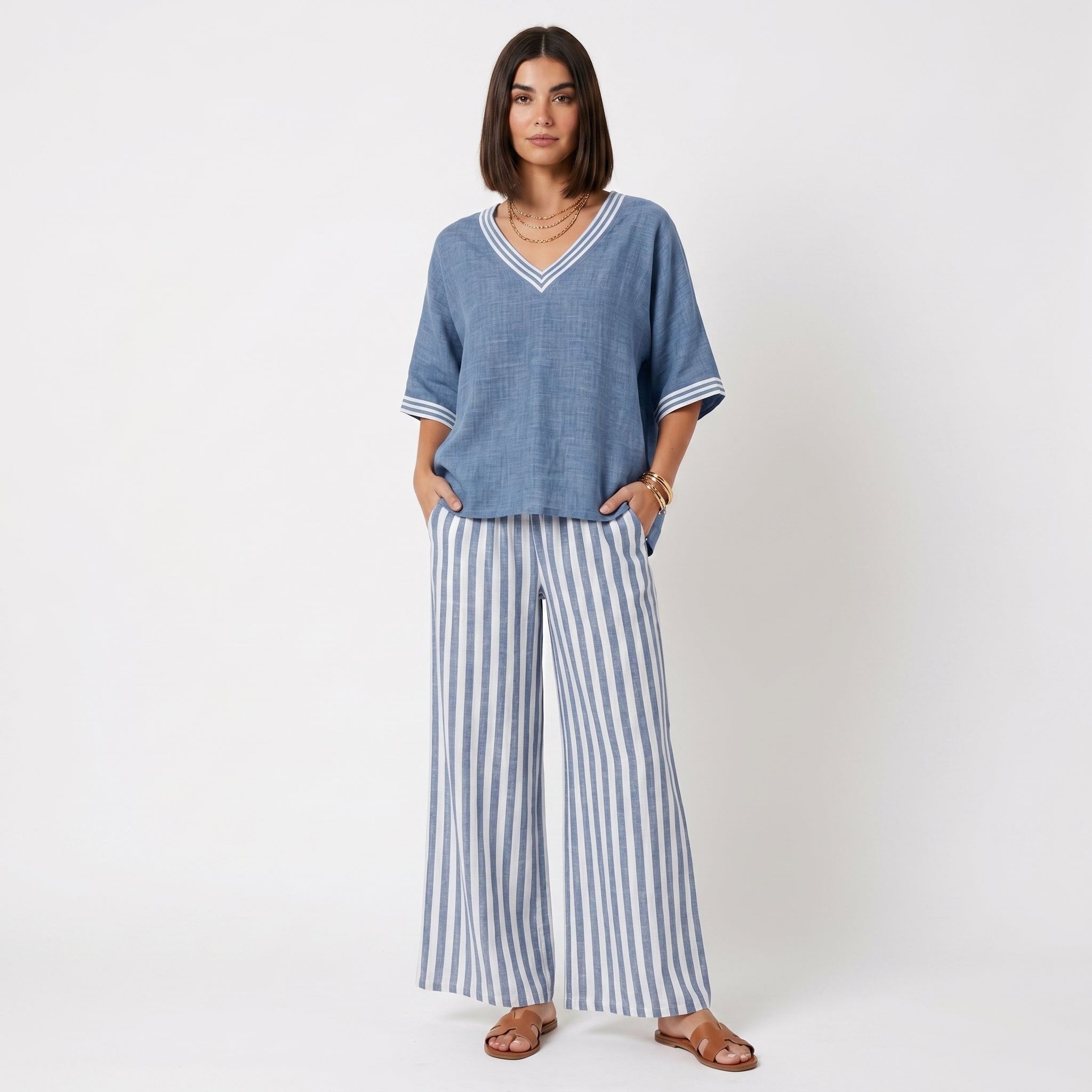 Clara - Conjunto de Lino Túnica y Pantalones Rayas