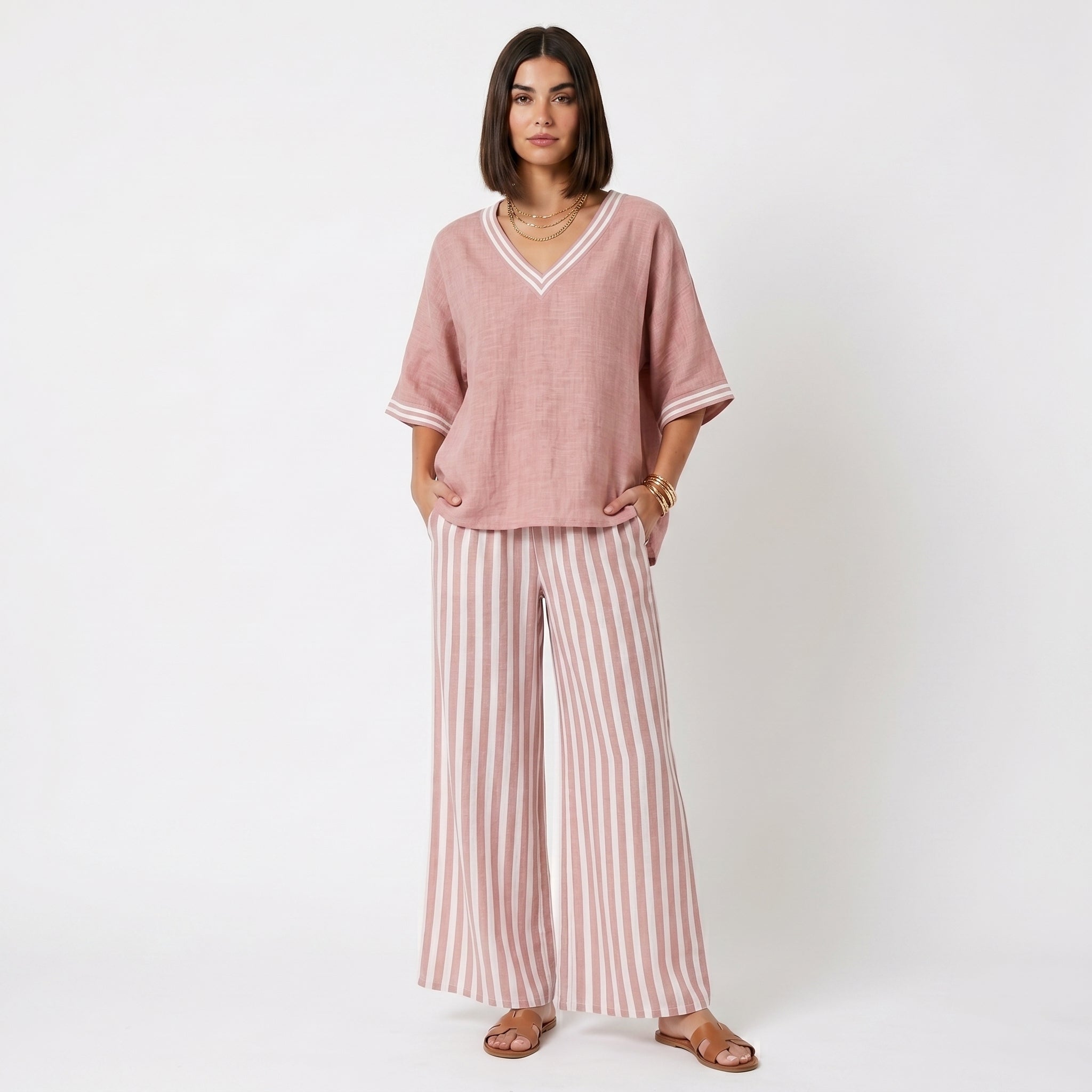 Clara - Conjunto de Lino Túnica y Pantalones Rayas