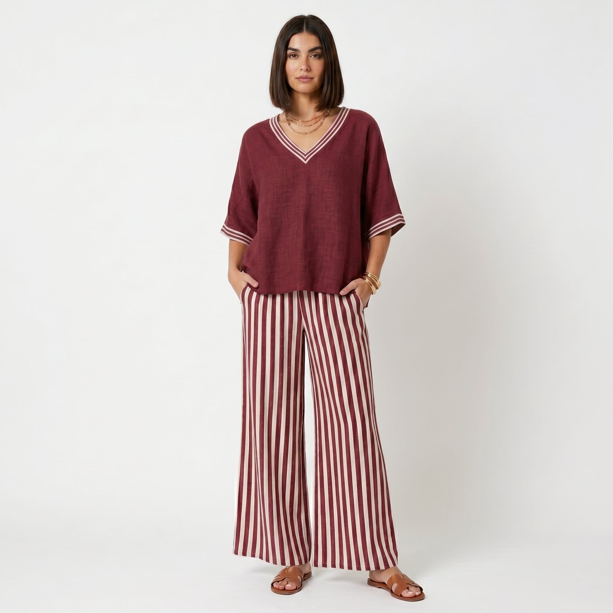 Clara - Conjunto de Lino Túnica y Pantalones Rayas