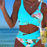 Bikini Floral con Abertura y Diseño Contrastante
