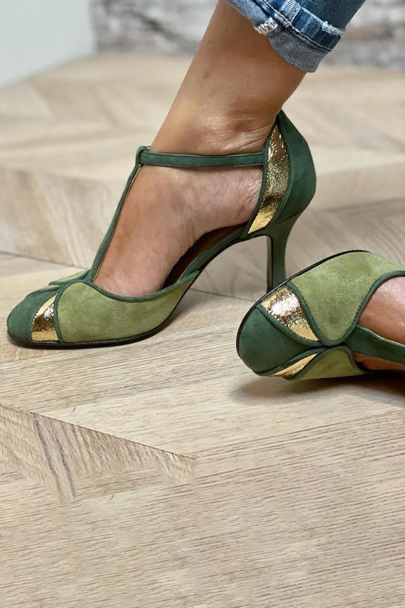 Taviana - Tacones en patchwork con tira en T y puntera cerrada