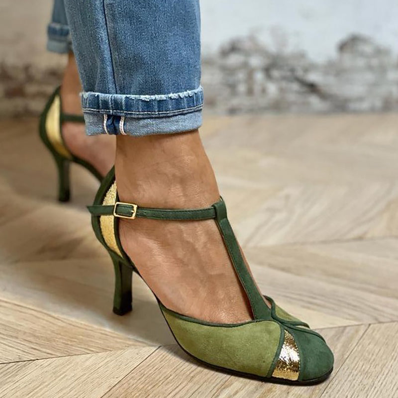 Taviana - Tacones en patchwork con tira en T y puntera cerrada