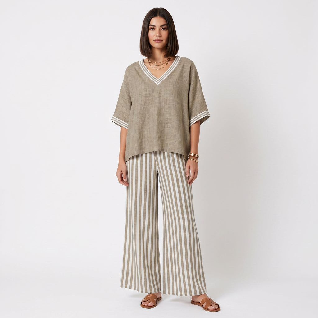 Clara - Conjunto de Lino Túnica y Pantalones Rayas
