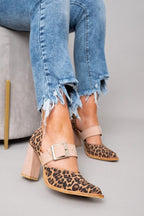 Selveta - Sandalias de ante con patrón de leopardo y tacón estable